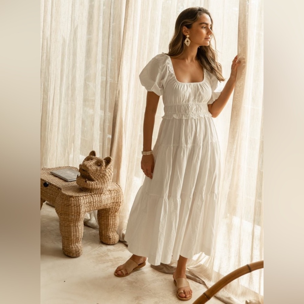 &MERCI Mariah Midi Dress In White Dress Medium With Pockets and Square Neck